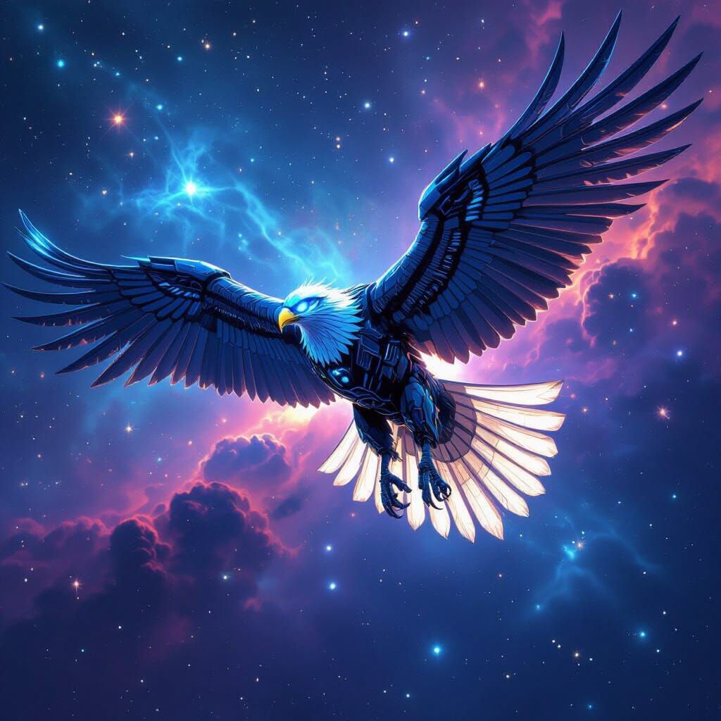 Cybernetic Eagle Soars Through Cosmic Nebula