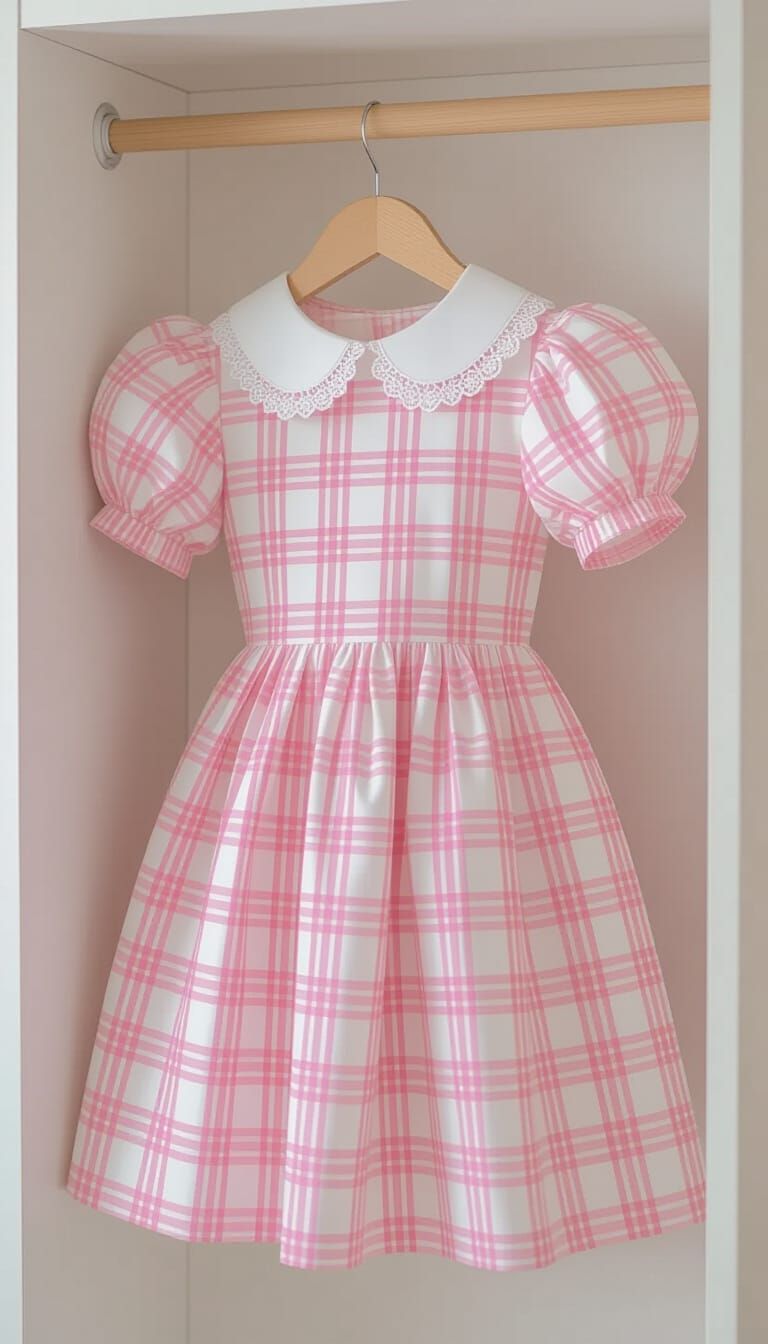 Pink Plaid Dress in Wardrobe, Hyper-Realistic Photography