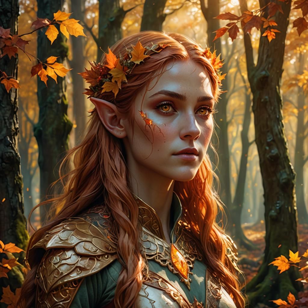 Elf Woman in Autumn Forest Impasto Painting