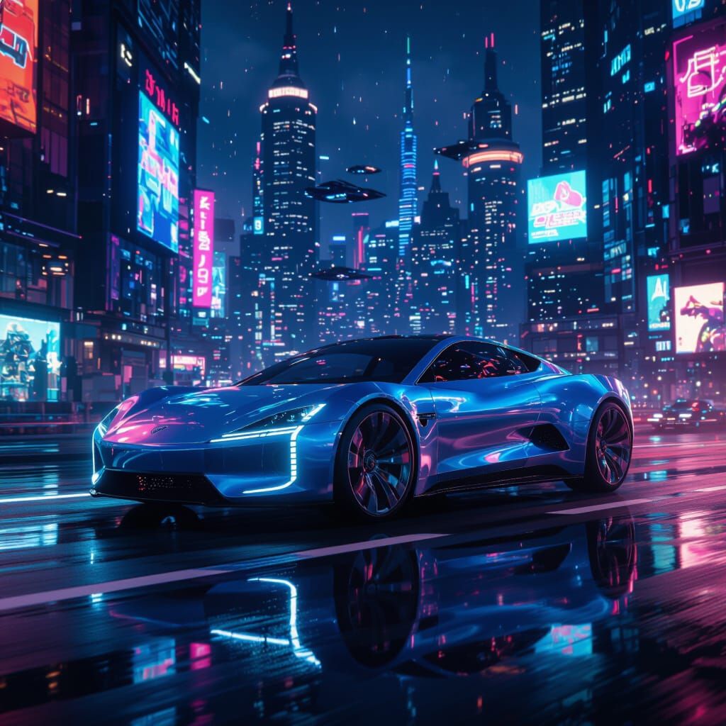 Futuristic Electric Car in Cyberpunk Cityscape