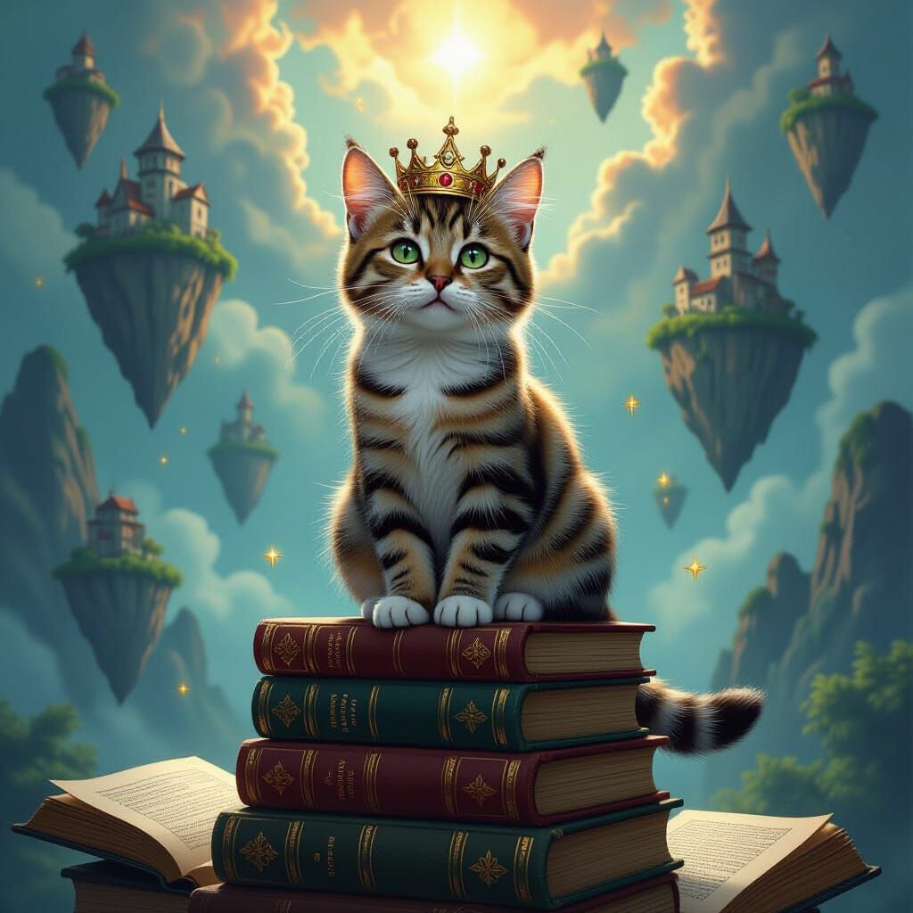 Crowned Tabby Cat on Books in Fantasy Library