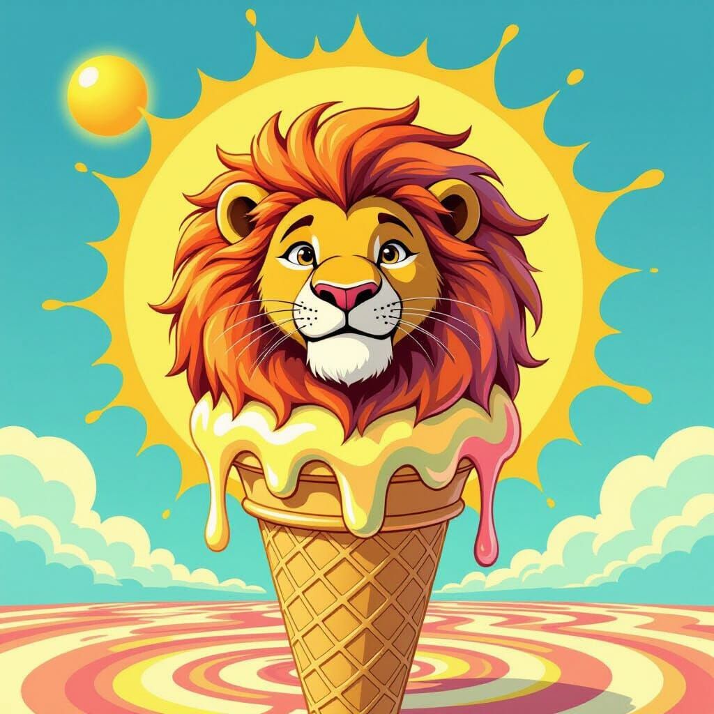 Surreal Melting Lion Ice Cream, Cartoon Art