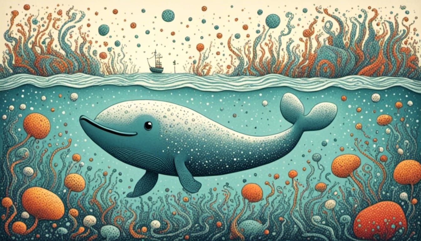 Adorable Cartoon Whale Swimming in a Colorful Ocean