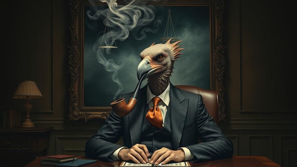 Surreal Vulture-Headed Lawyer in Dimly Lit Office