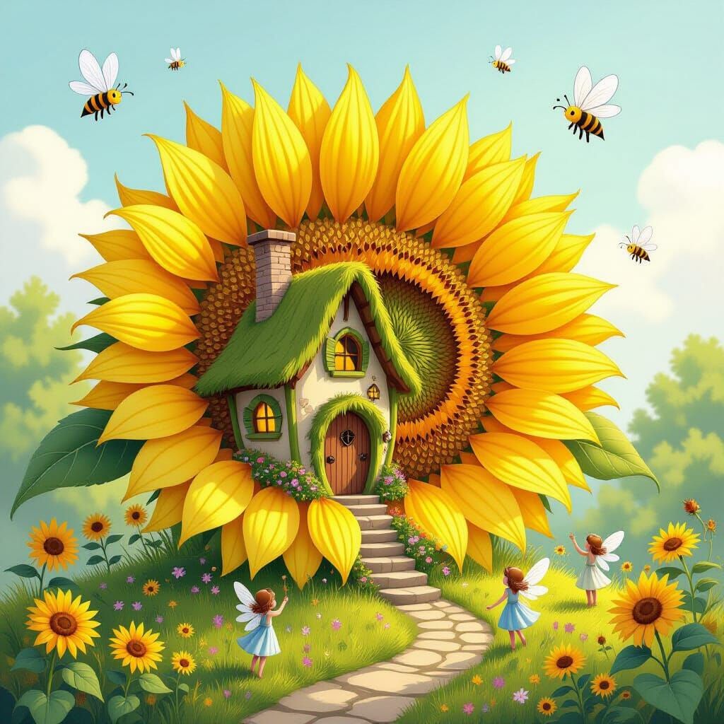 Fairy Village Inside a Sunflower, Watercolor Style