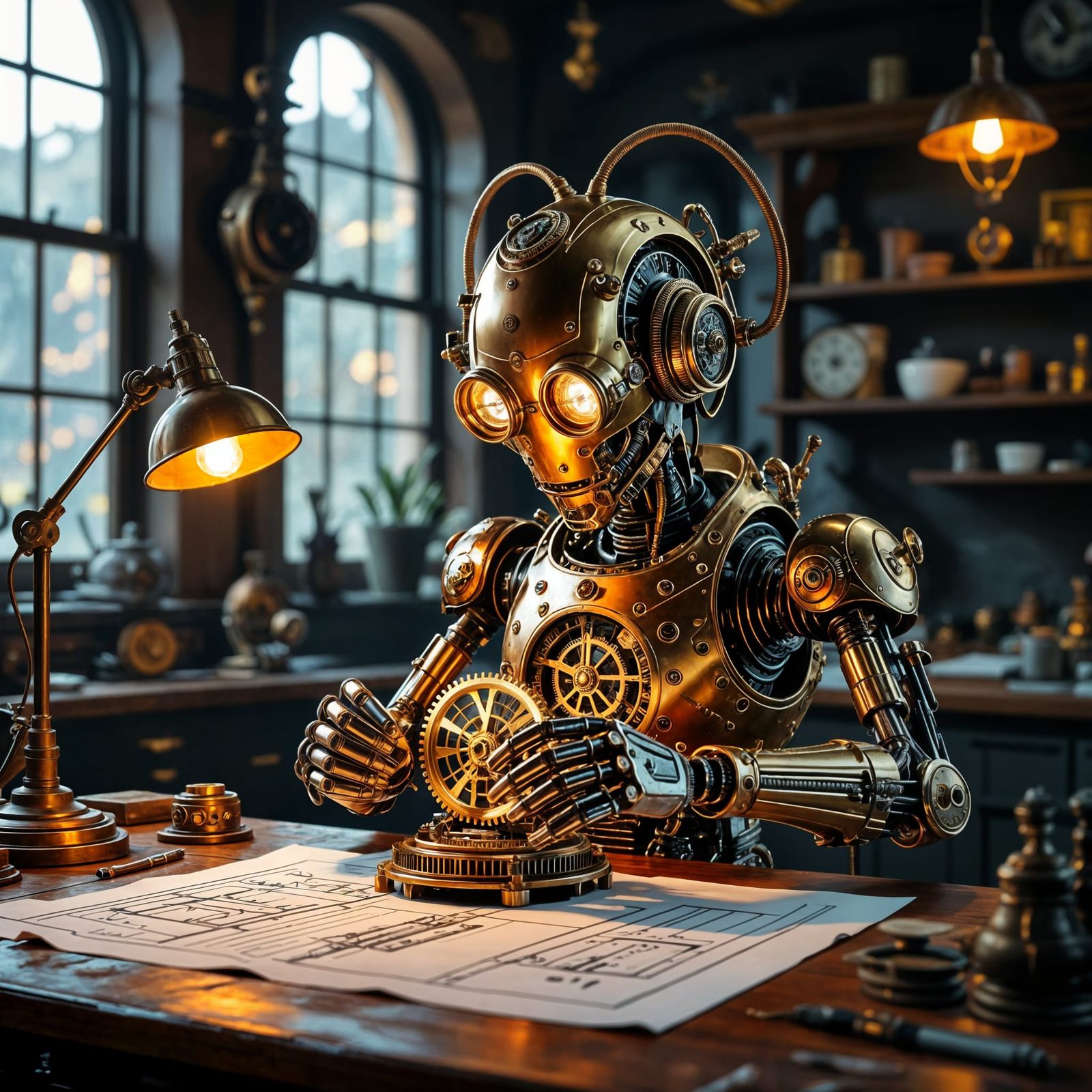Steampunk Automaton Assembling Clockwork Brain