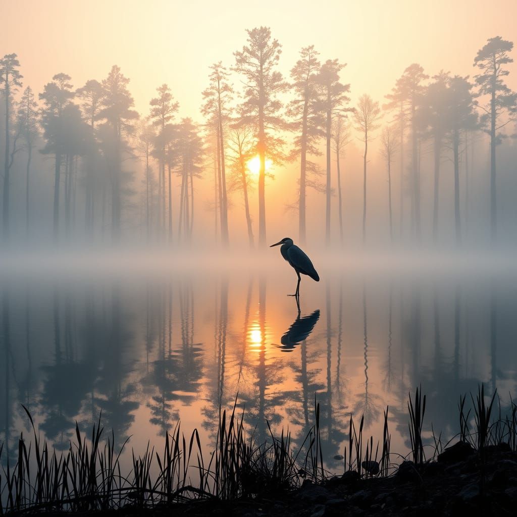 Majestic Heron Silhouetted in Foggy Forest Landscape at Sunr...