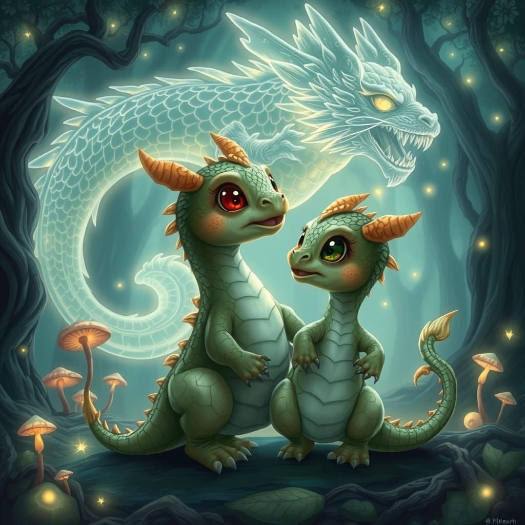 Baby Dragon Confronts a Tiger in an Ethereal Forest