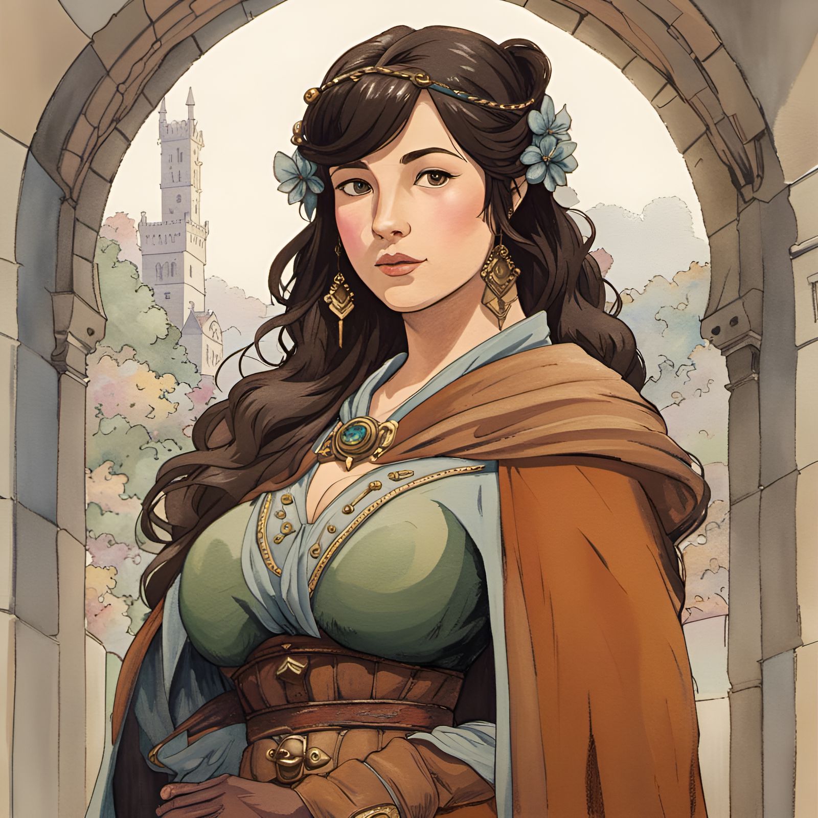 Medieval Woman in Watercolor Painting Style