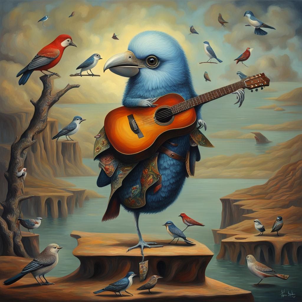 Surreal Bird Perched on Guitarist Painting