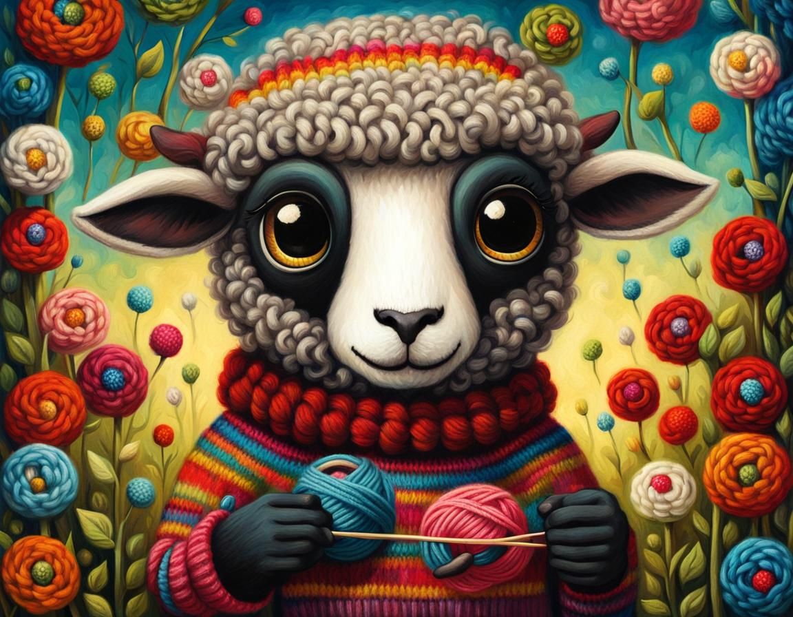 Sheep Knitting Sweater: Impasto Storybook Illustration