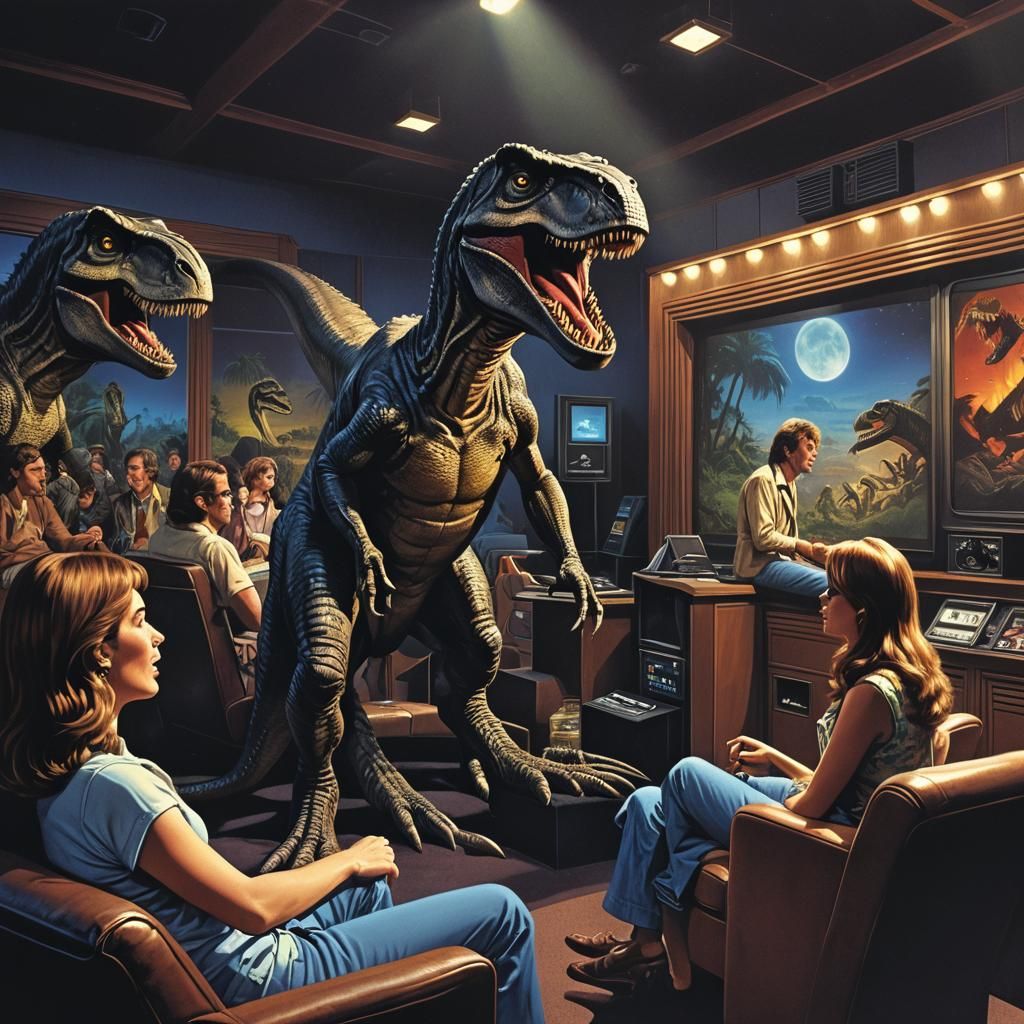 Dinosaurs Burst From Cinema Screen: Digital Illustration