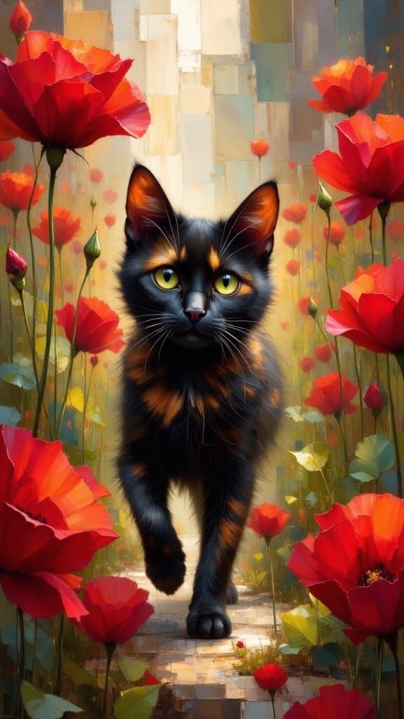 Tortoiseshell Cat in Lush Rose Garden: Whimsical Art