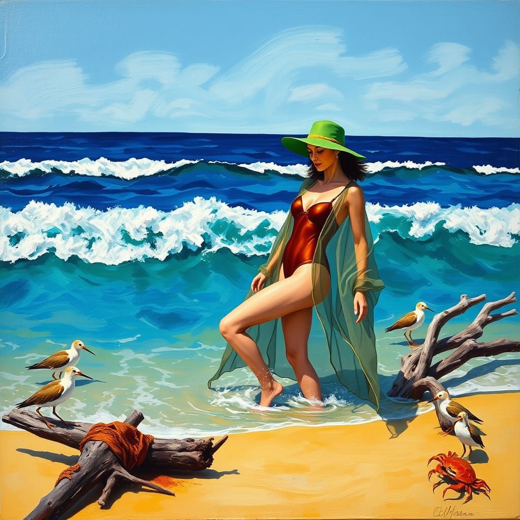Woman in Coastal Landscape with Elongated Forms