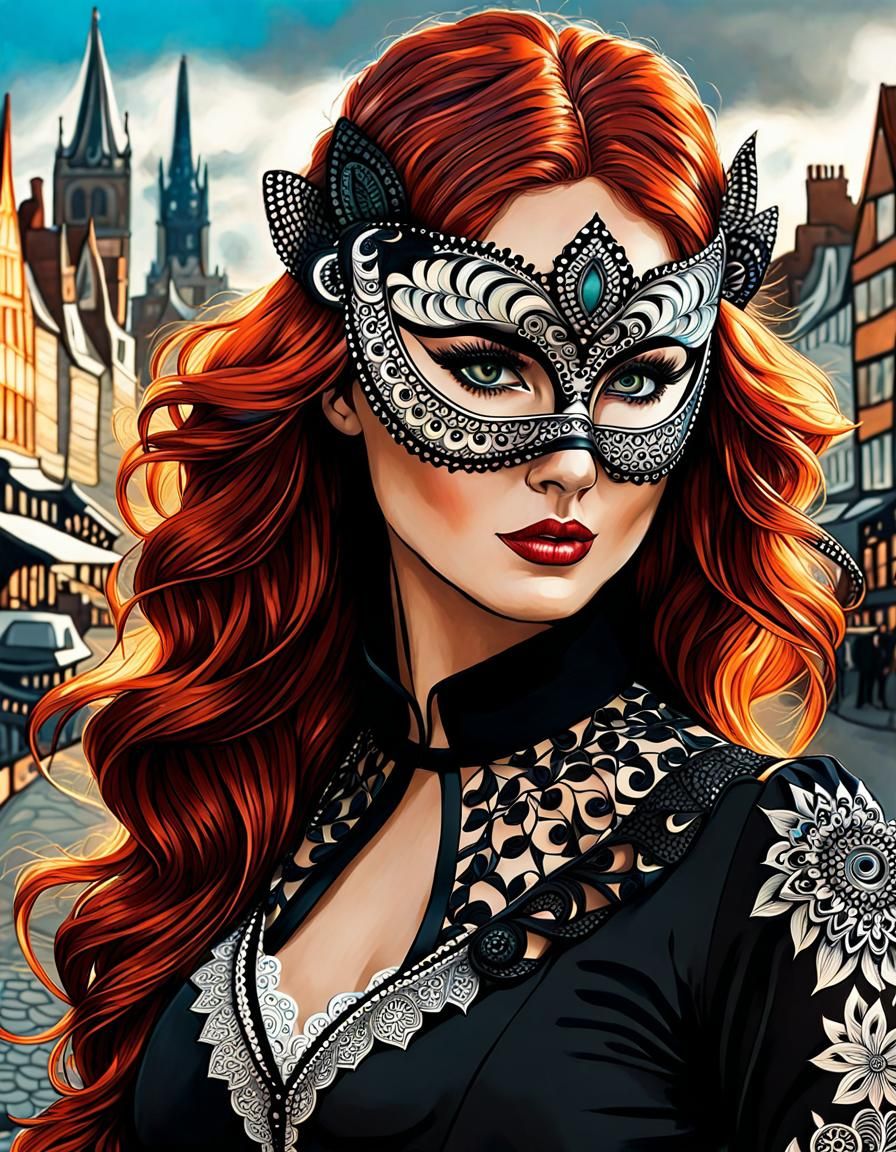 (((Red haired beutiful girl wearing black zentangle mask)))....