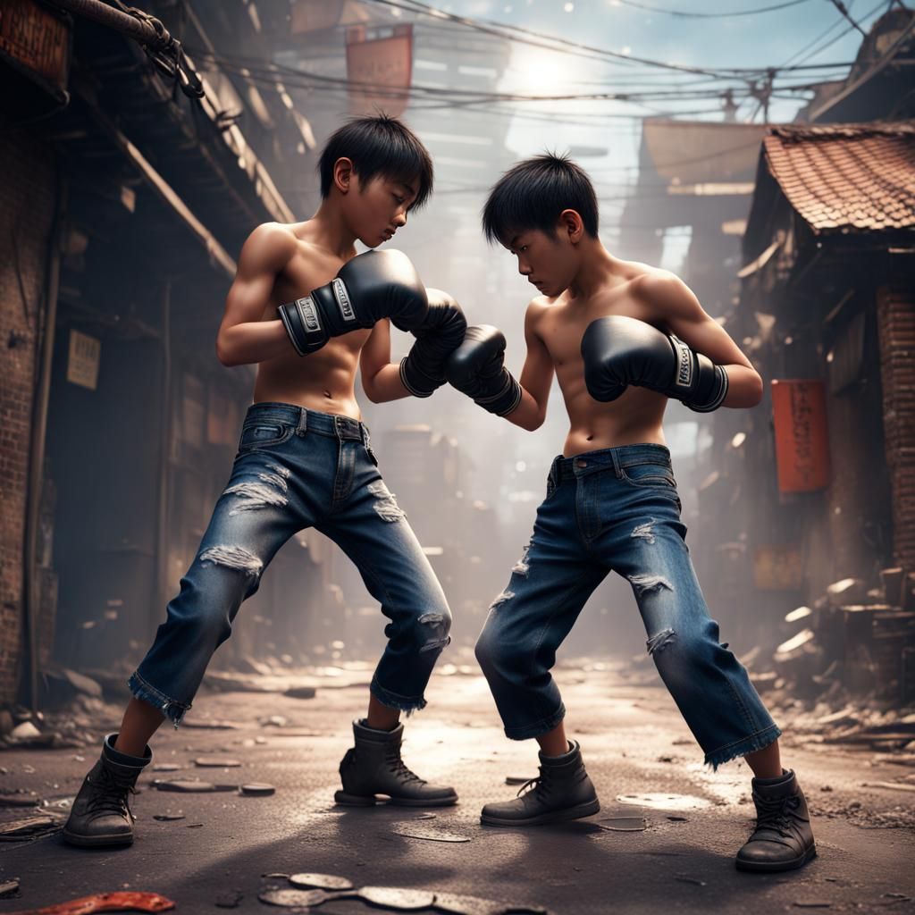Asian Boys Boxing in Alley: Detailed Matte Painting