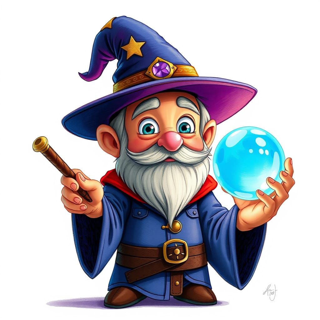 Cartoon Wizard with Crystal Ball in Pointillism Style