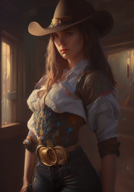 Vintage Cowgirl Portrait in Hyperrealistic Digital Art