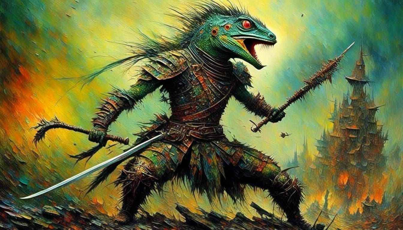 Lizard Warrior in Battle as Impasto Painting
