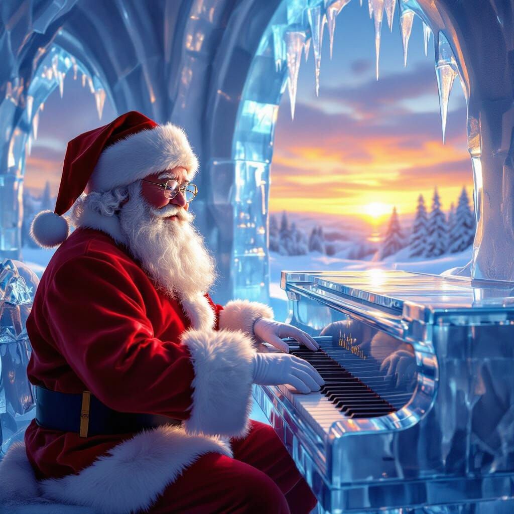 Santa Plays Ice Piano in Magical Palace Sunset
