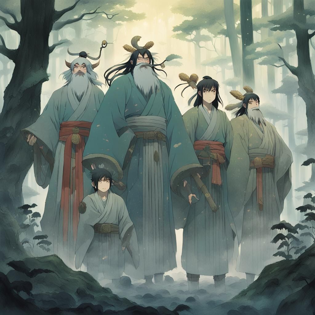 Whimsical Anime Gods in a Misty Asian Forest