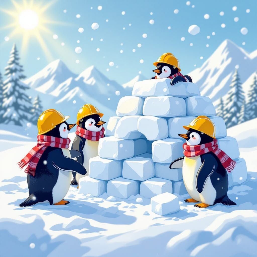 Penguin Construction Crew Builds Igloo in Ghibli Style