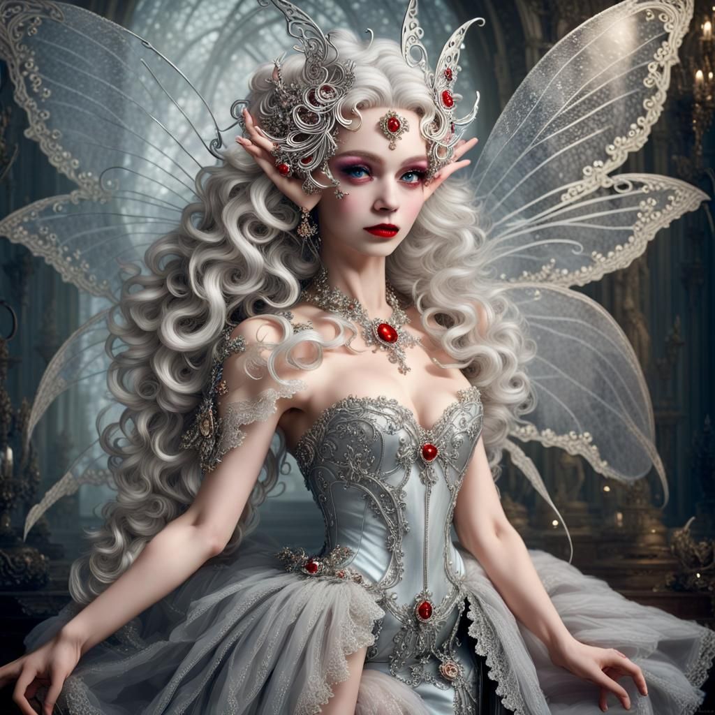 Elfin Fairy with Silver Wings in Rococo Style