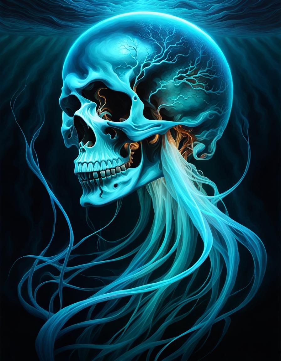 Bioluminescent Jellyfish Skull in Surreal Oil Painting