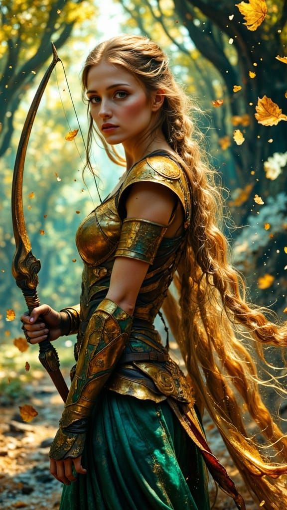 Elven Huntress in Sunlit Forest, Fantasy Art