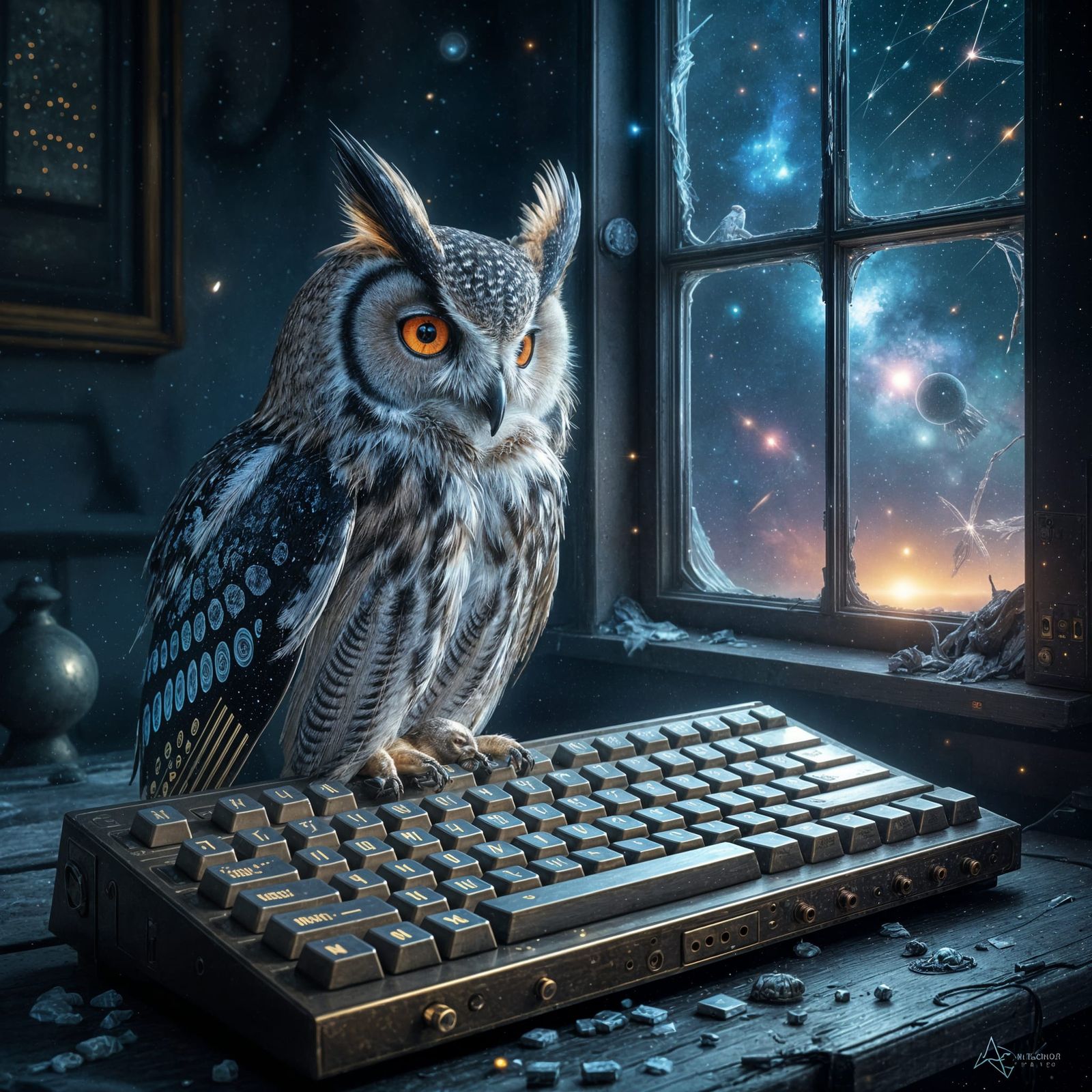 Nebula Owl on Cosmic Keyboard: Digital Surrealism