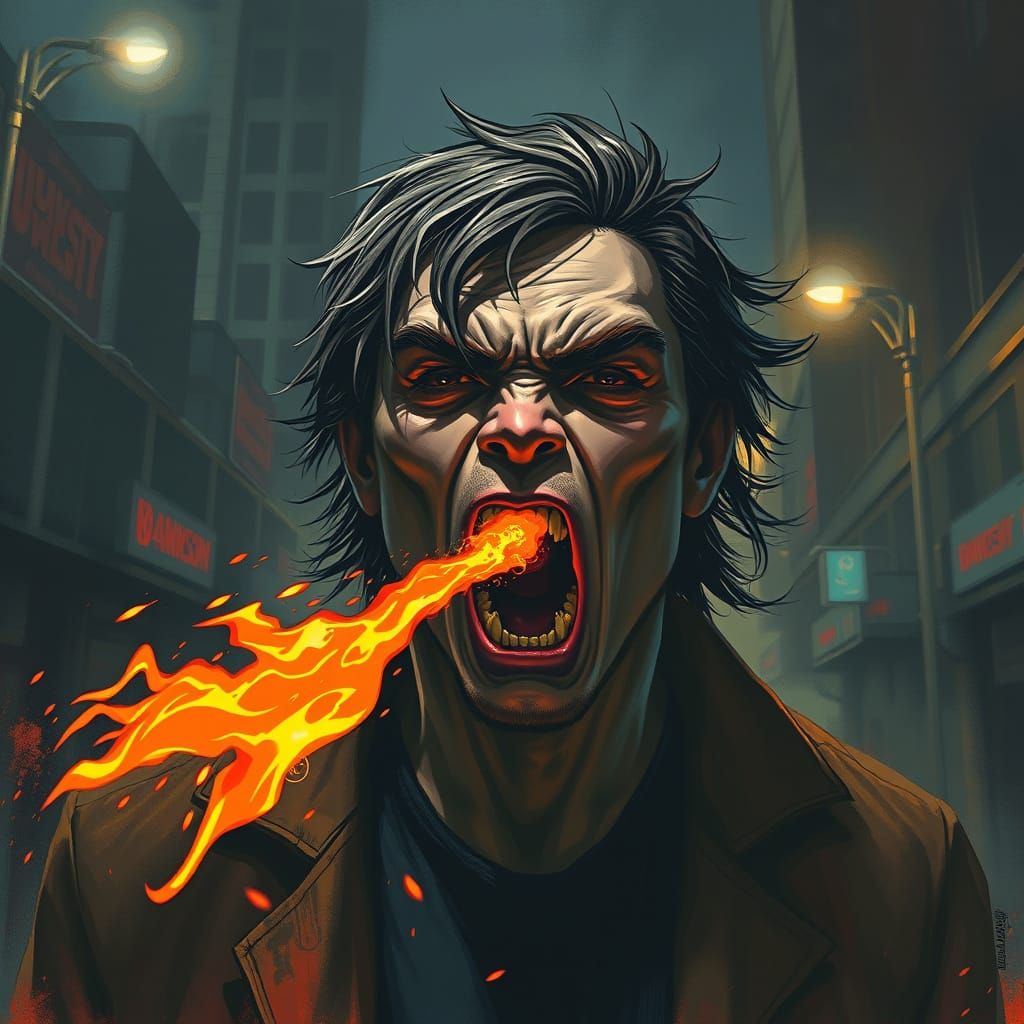 Furious Urban Rebel Spits Fire in a Dystopian Futurist Citys...