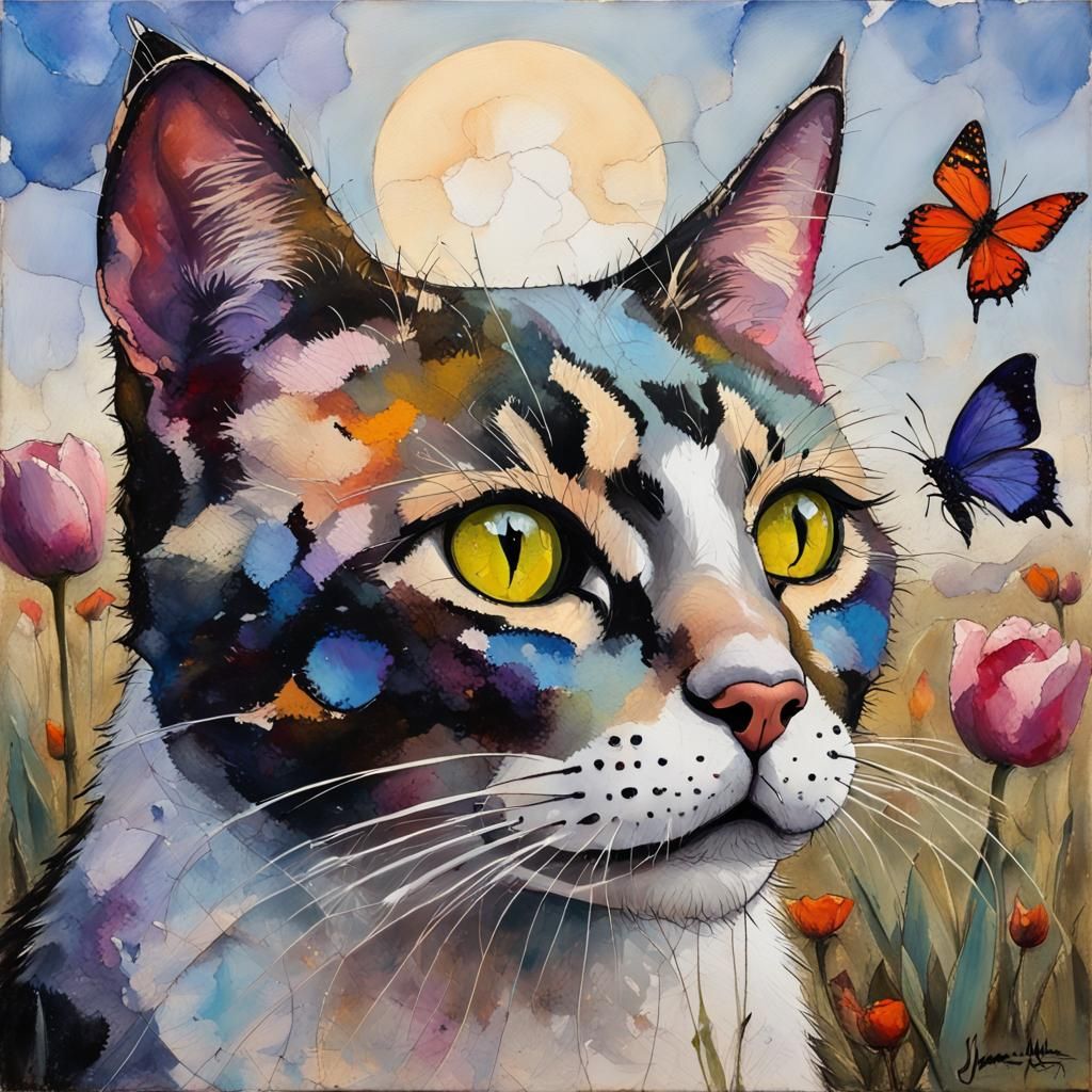 Expressive Cat with Butterfly, Luminous Encaustic Art