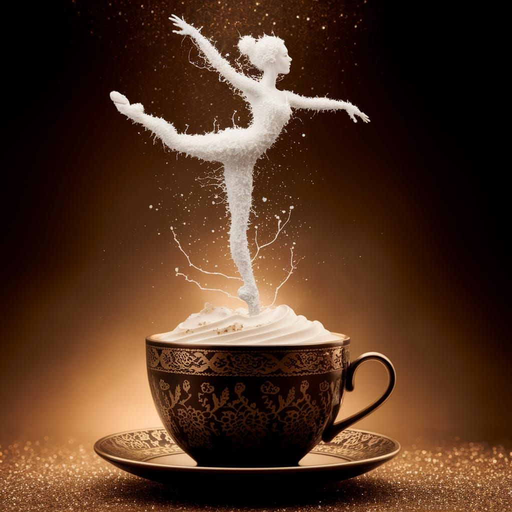 Luxurious Coffee Cup Transforms into Ethereal Ballet Dancer