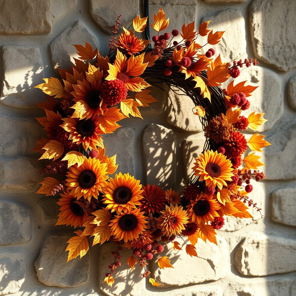 Autumn Wreath in Vibrant Warm Tones with Maple Leaves, Sunfl...