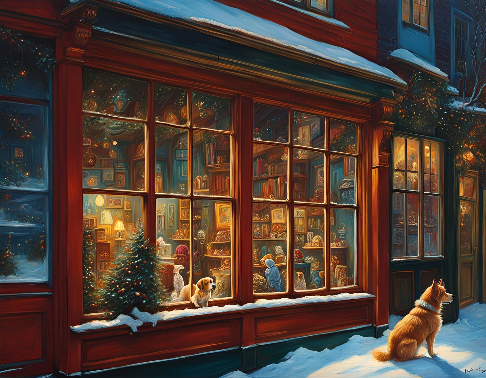 Puppy Gazing into Pet Shop Window as Oil Painting