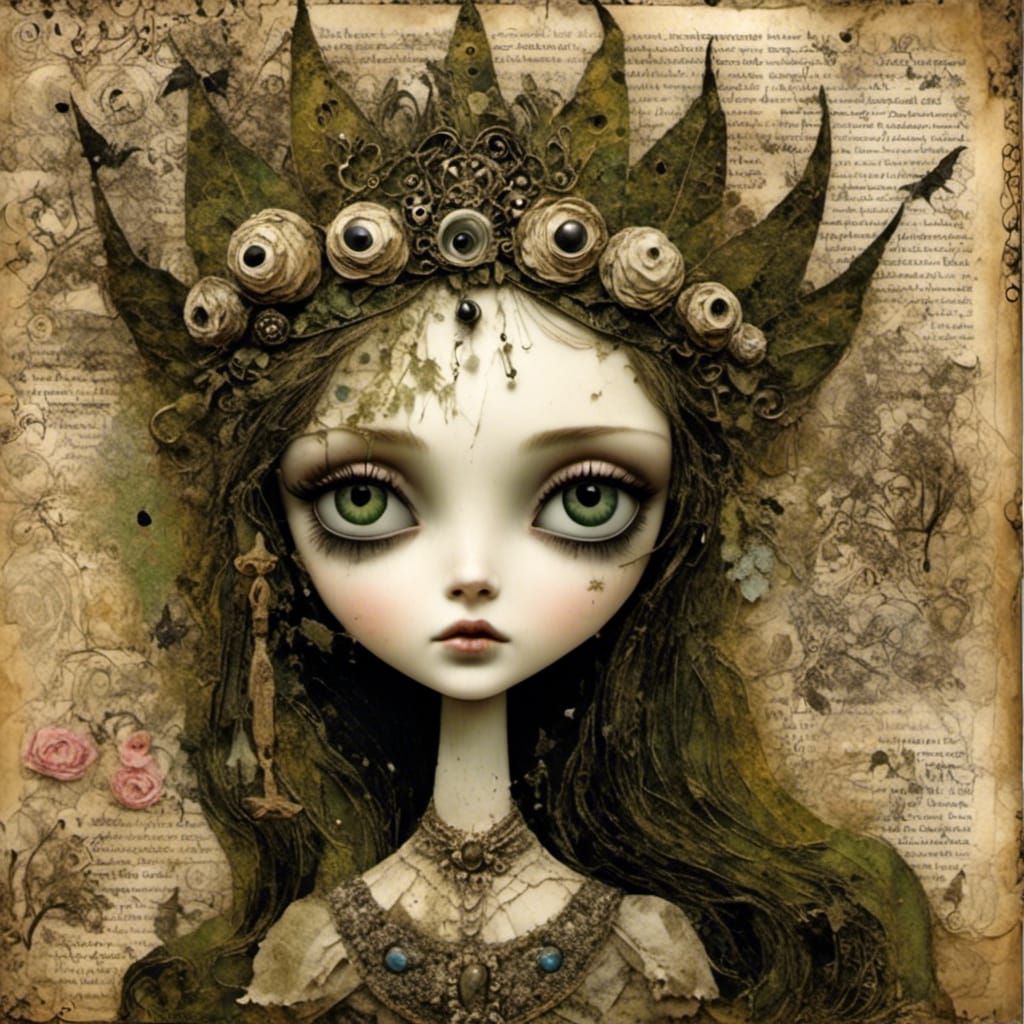 Gothic Moss Princess With Treat Bag In Mixed Media Collage