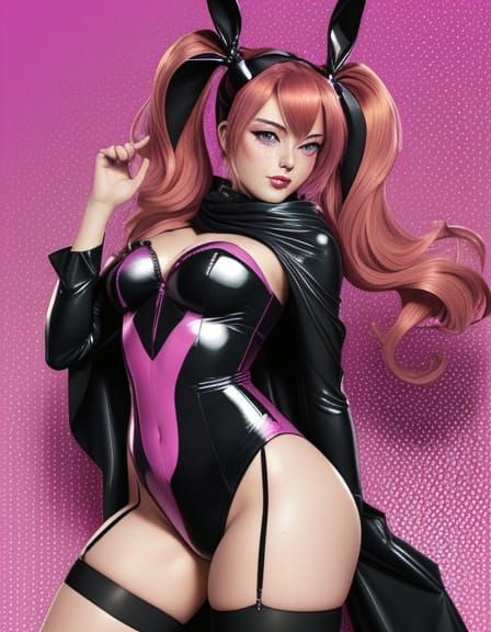 Anime Pin-Up Bunny Lady in Glossy Black Latex Suit