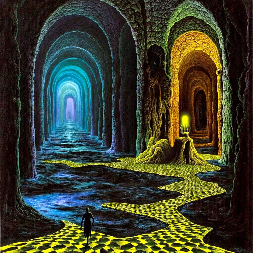 Esoteric Surrealist City at Night in Dark Oil Paint