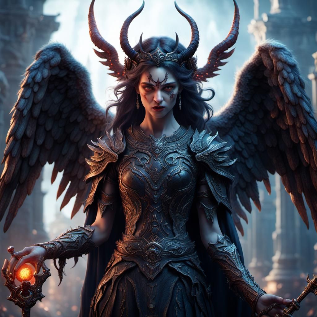 Half-Demon, Half-Angel Woman with Swords