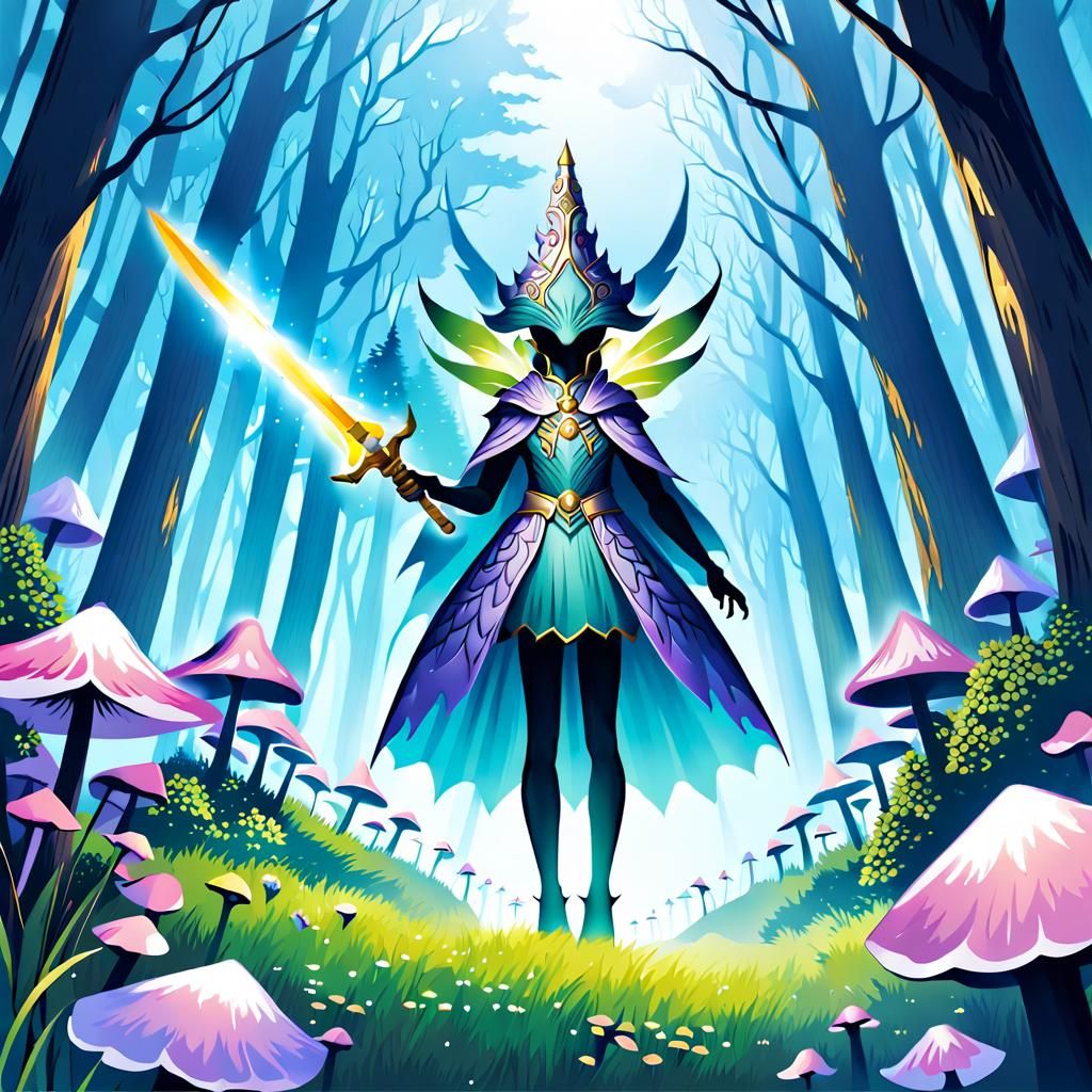 Mushroom Knight in Magical Forest Illustration