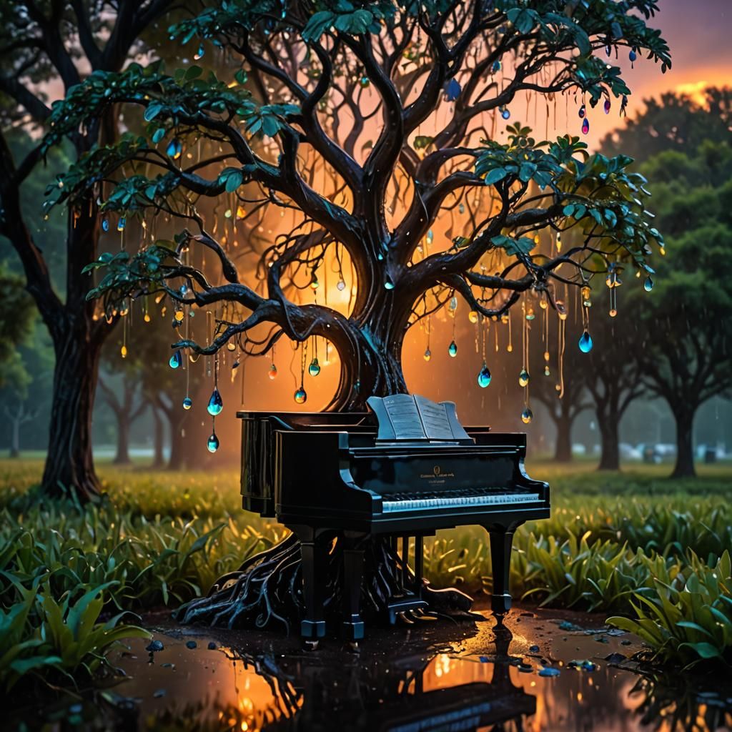 Glowing Piano Tree in Summer Sunset Rain