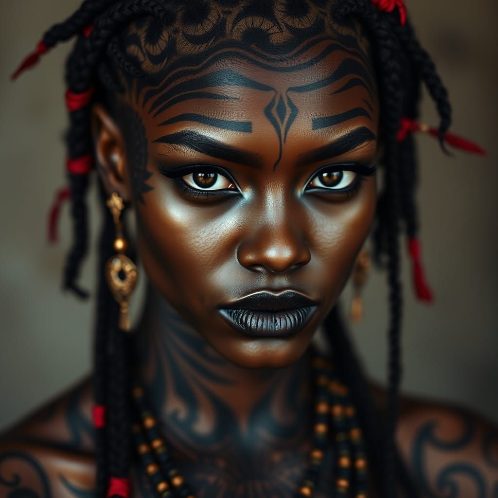 Tribal Tattoo Portrait with Golden Accents and Braids