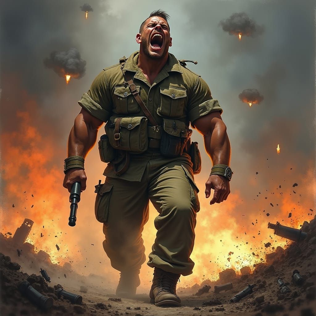 Soldier's Fury on a War-Torn Battlefield