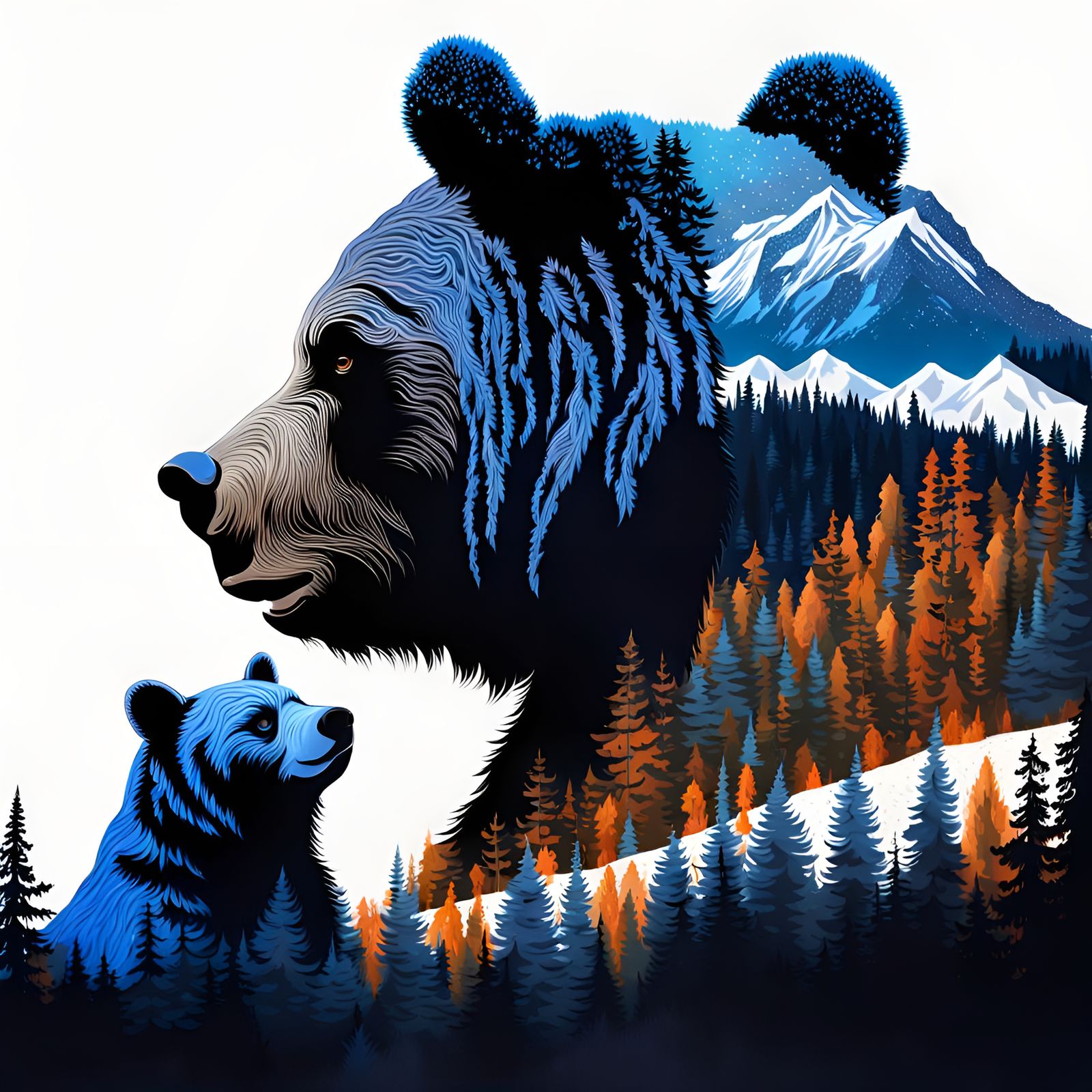 Blue Bear Double Exposure Art in Hyperrealistic Style