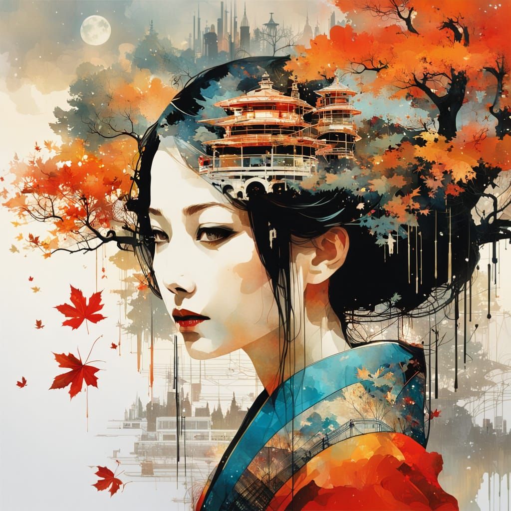 Galaxy Drips Into Cityscape with Autumn Silhouette