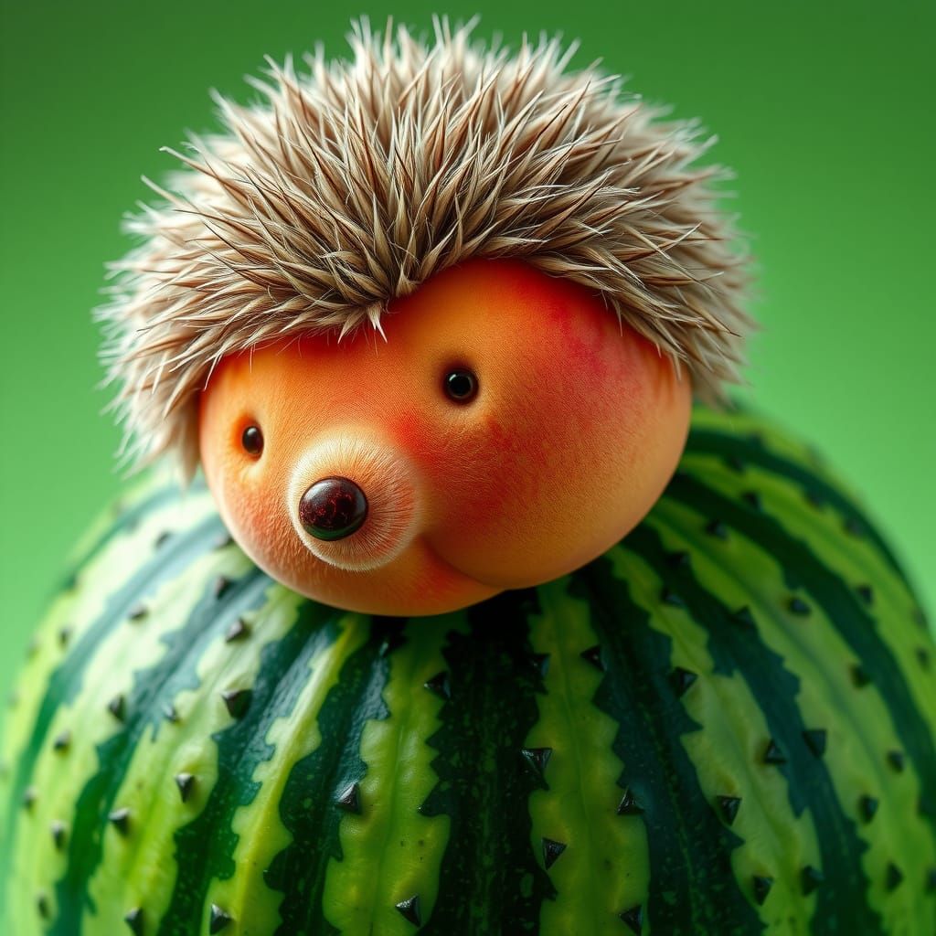 Fuzzy Peach Hedgehog on a Vibrant Watermelon in Hyperrealist...