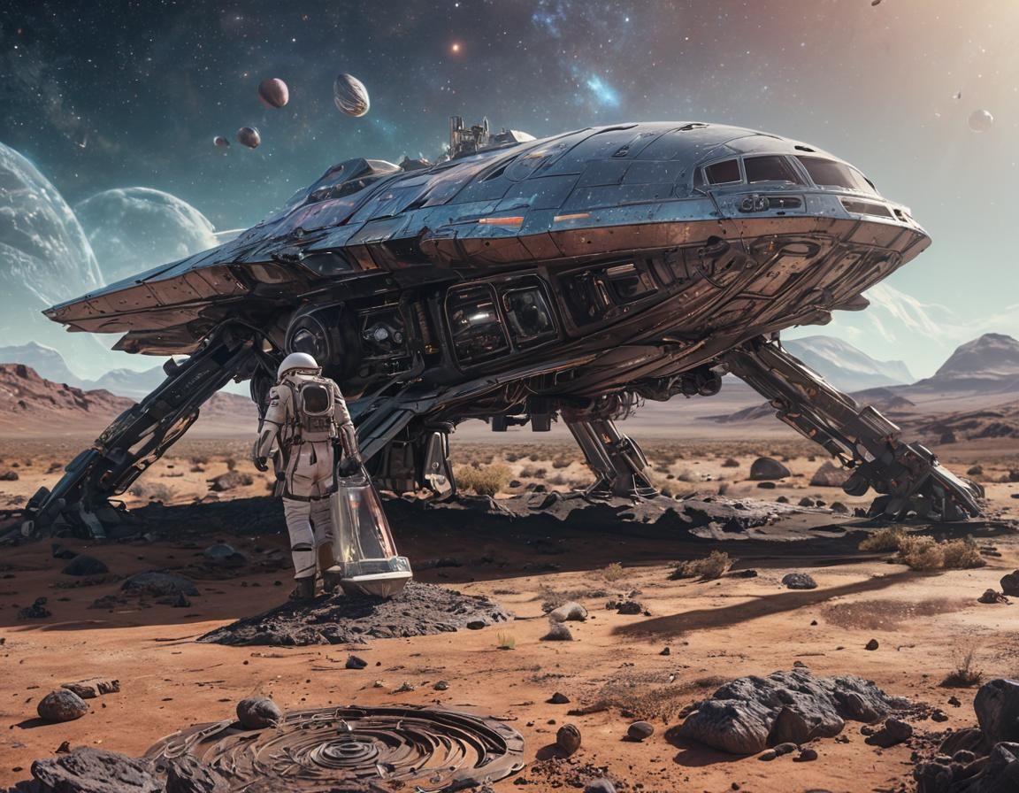 Astronaut Standing Before His Epic Spaceship in Celestial Co...