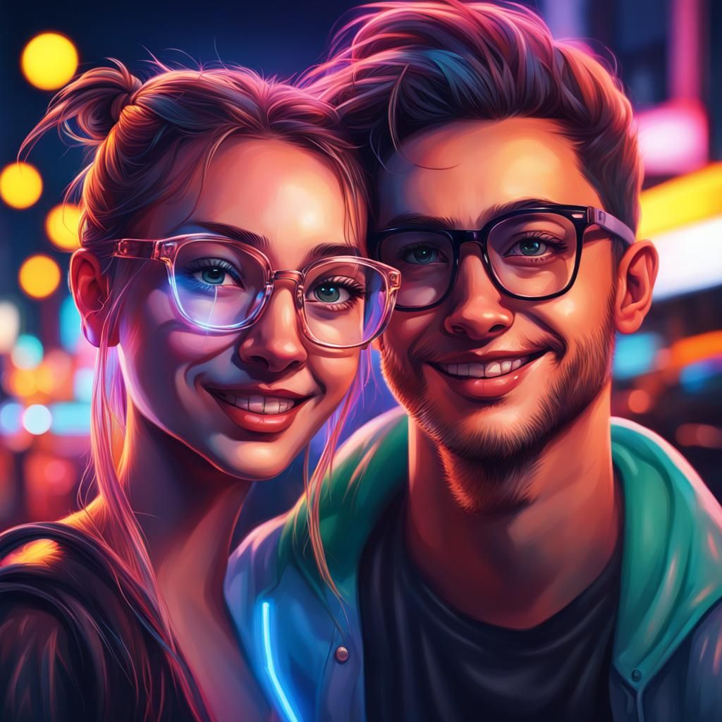 Neon City Portrait: Girl with Glasses