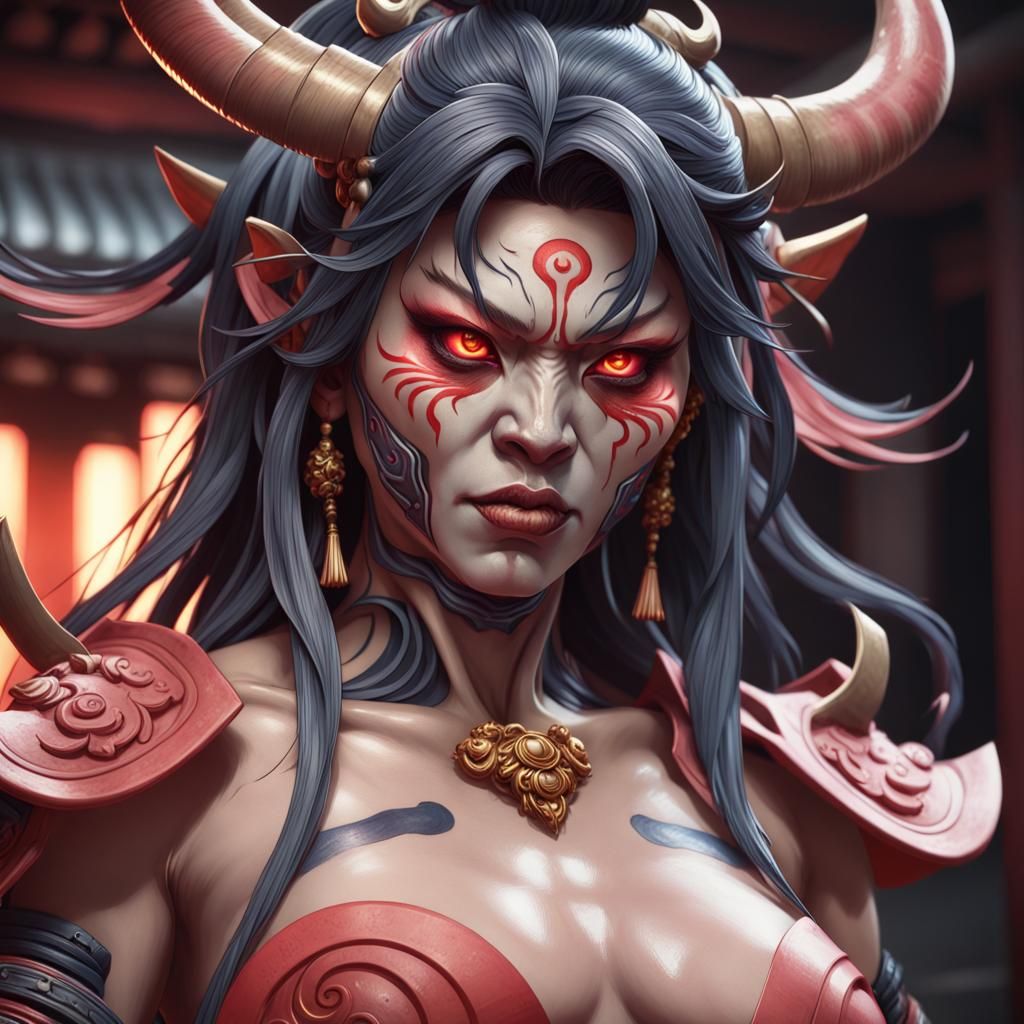 Demonic Japanese Oni Portrait in Hyperdetailed Style