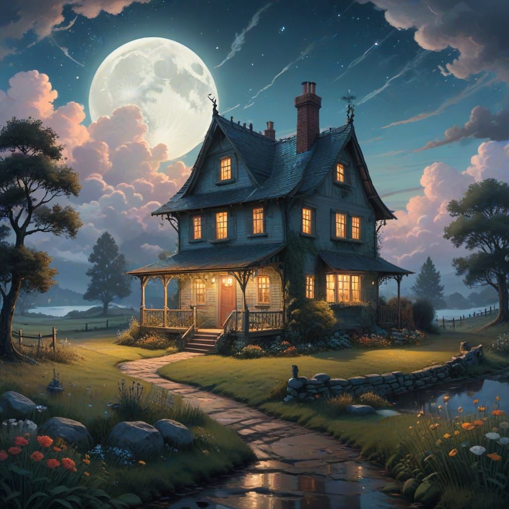 Storybook Cottage Under Starry Moonlit Sky